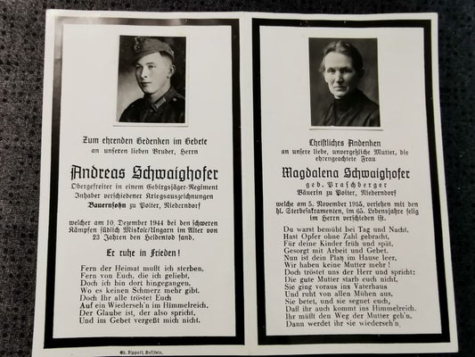Sterbebild Mutter & Sohn Echtfoto Obergefreiter Gebirgsjäger Regt. Miskolc Ungarn - www.mmilitaria.com