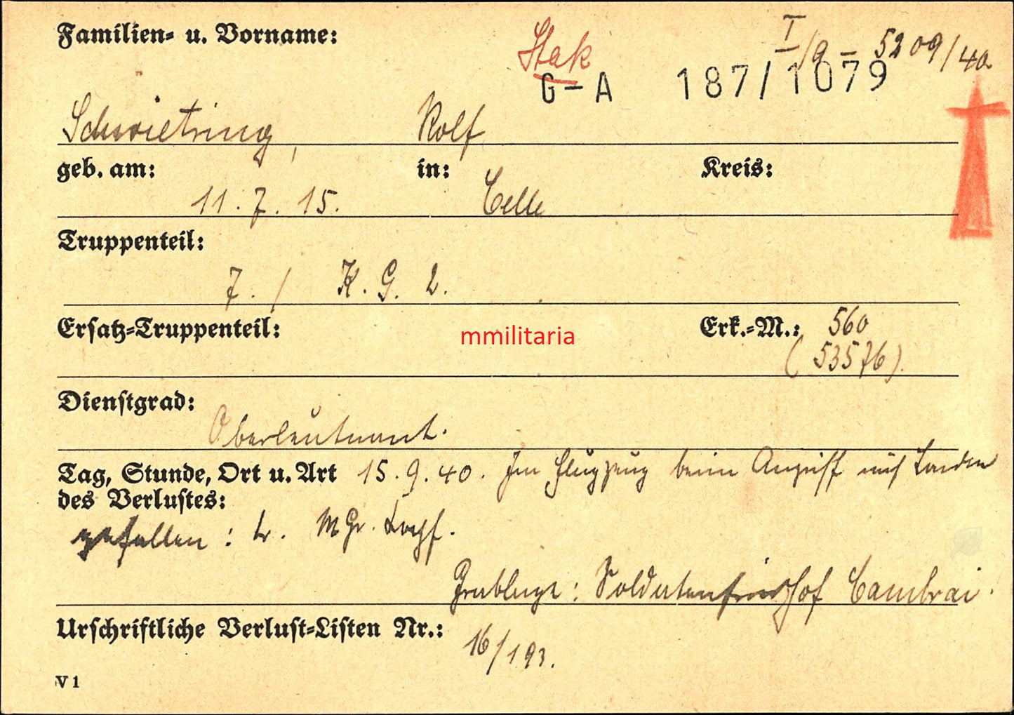 Sterbebild Oberleutnant Luftwaffe 7/KG-2 Cambrai Bourdon Frankreich - www.mmilitaria.com