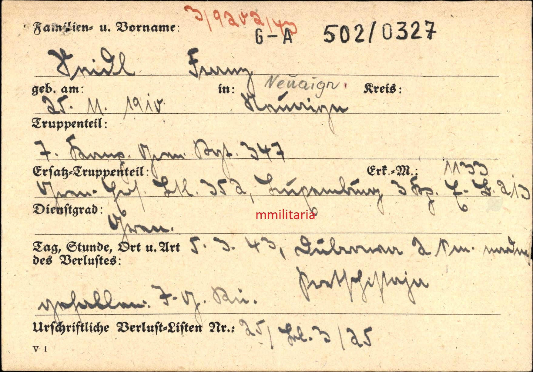 Sterbebild Grenadier 7. Komp. Gren. Regt. 347 Dubrowa Russland - www.mmilitaria.com