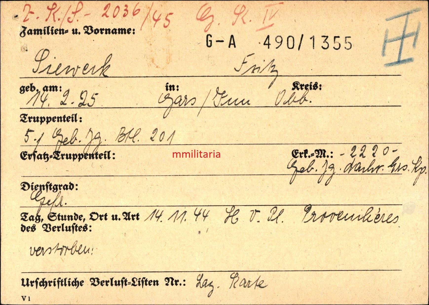 Sterbebild Gefreiter 5. Geb. Jäger Btl. 201 Provencheres Vogesen Andilly Frankreich - www.mmilitaria.com