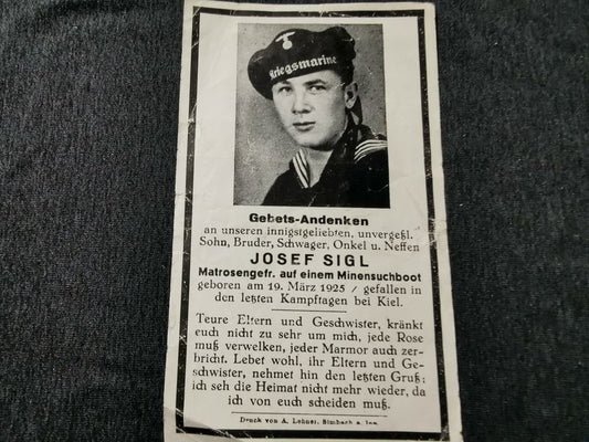 Sterbebild Matrosen Gefreiter Minensuchboot Endkampf letzte Kampftage Kiel Deutschland - www.mmilitaria.com