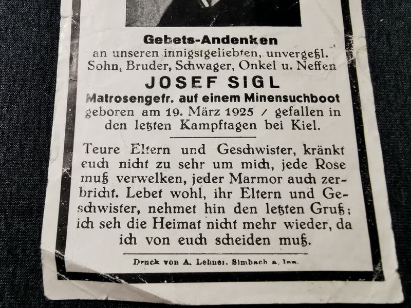 Sterbebild Matrosen Gefreiter Minensuchboot Endkampf letzte Kampftage Kiel Deutschland - www.mmilitaria.com