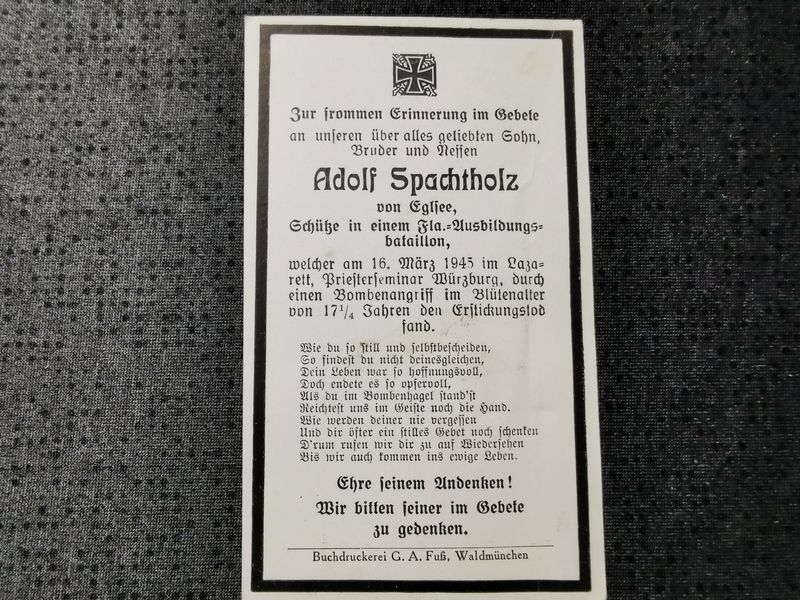 Sterbebild Schütze Flak-Ausbildung Btl. Volkssturm Endkampf 17 Jahre Bombenangriff Würzburg Deutschland - www.mmilitaria.com