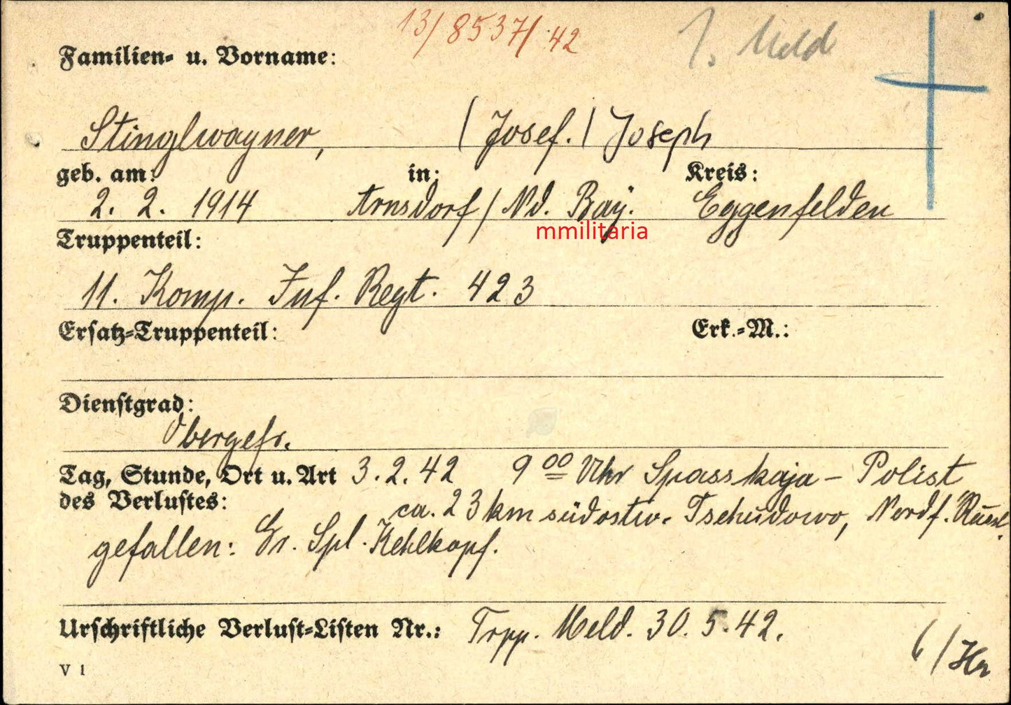 Sterbebild Obergefreiter 11. Komp. Inf. Regt. 423 Spasskaja Polist Russland - www.mmilitaria.com