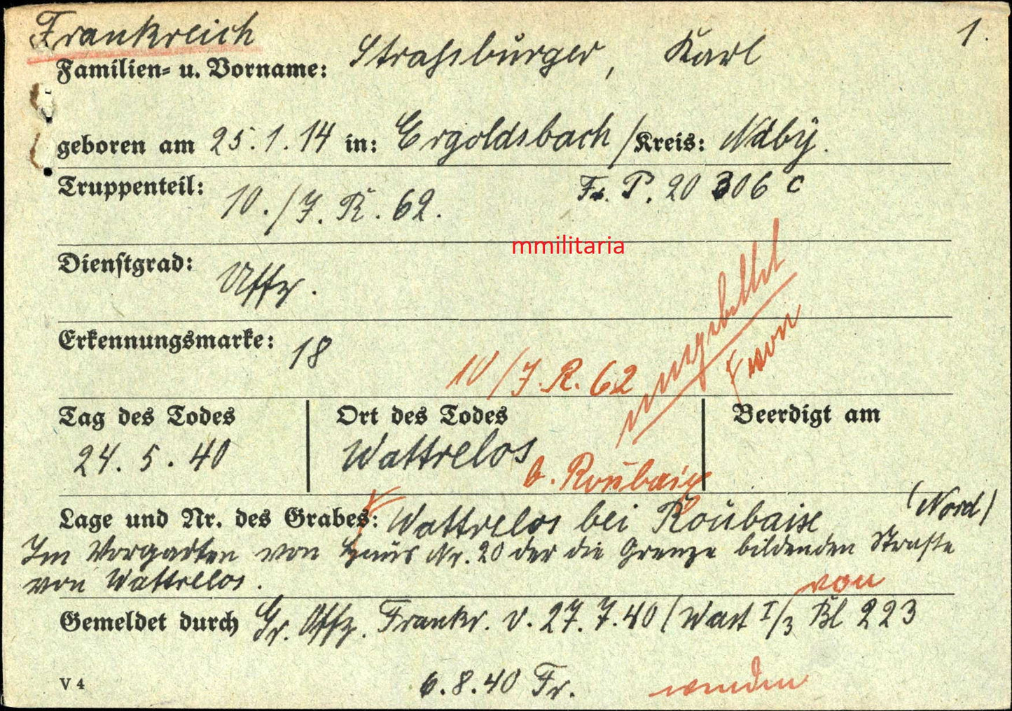 Sterbebild Unteroffizier 10. Komp. Inf. Regt. 62 Wattrelos Flandern Frankreich - www.mmilitaria.com