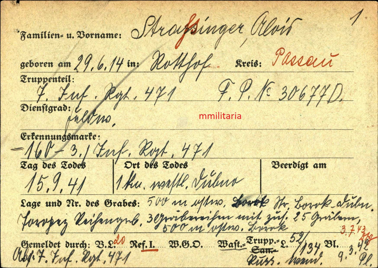 Sterbebild Feldwebel 7. Komp. Inf. Regt. 471 Dubno Rshew Russland - www.mmilitaria.com