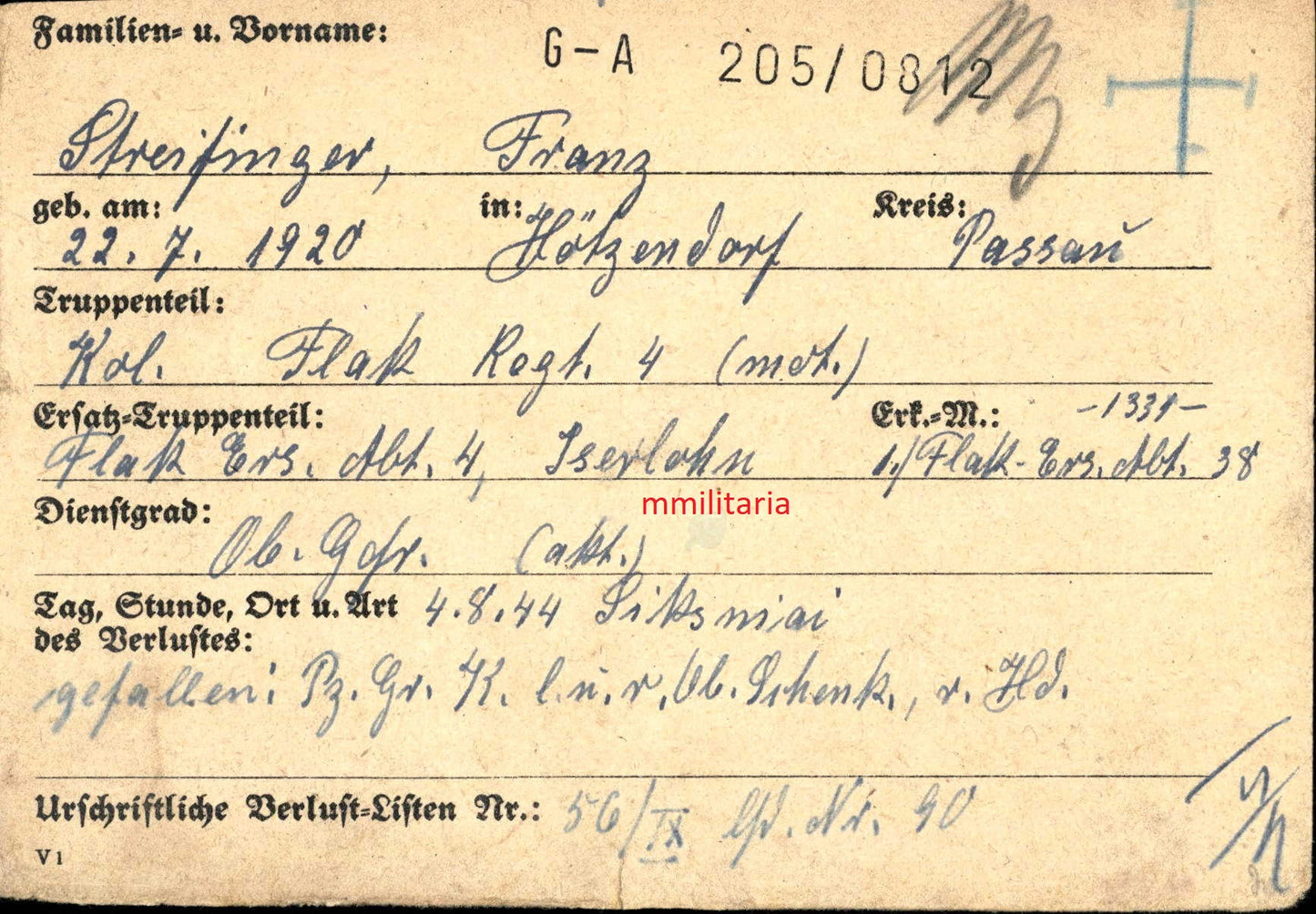 Sterbebild Obergefreiter Schweres Flak Regt. 4 (Mot) EK II Panzerüberfall Ebenrobe Ostpreußen - www.mmilitaria.com