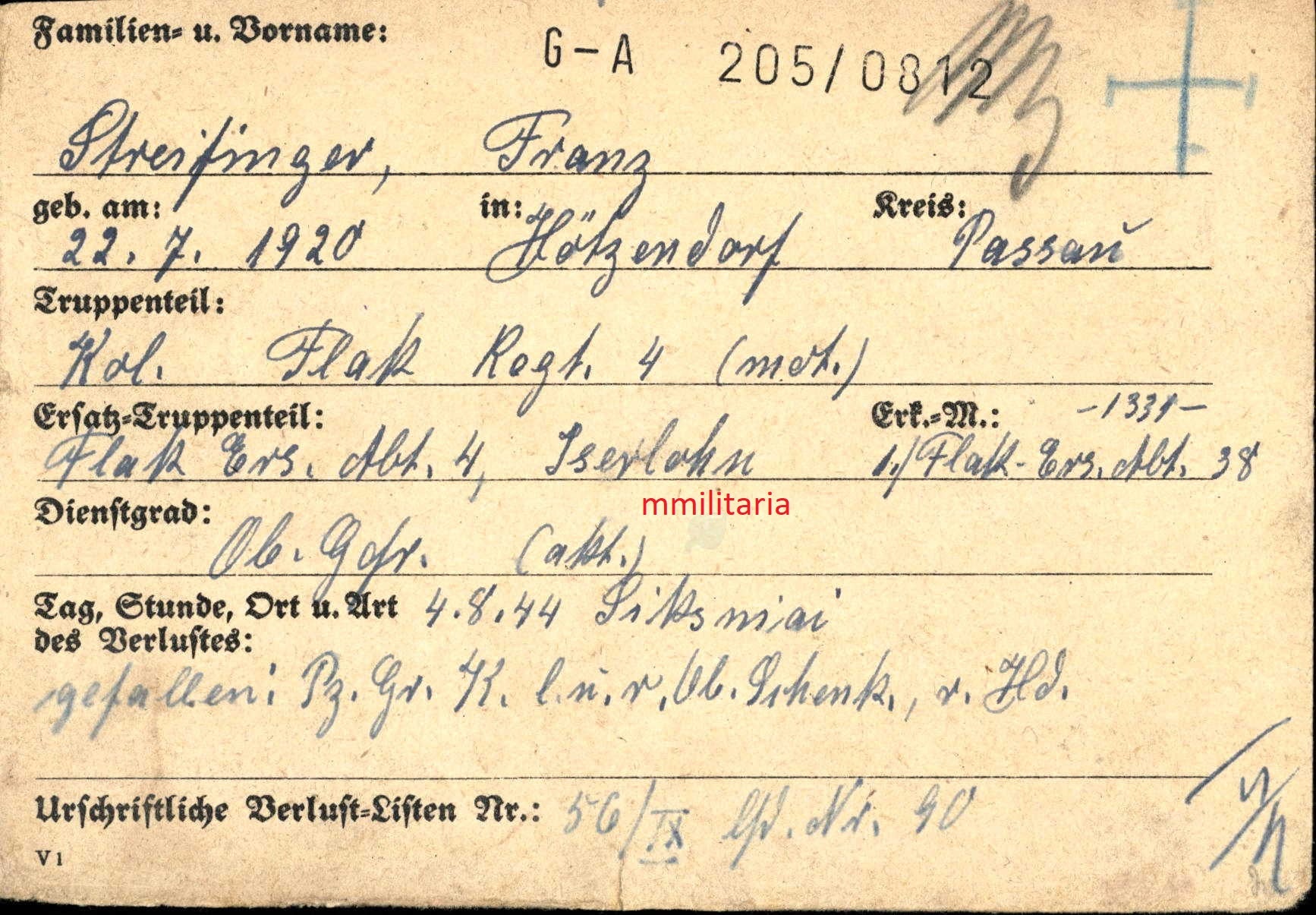 Sterbebild Obergefreiter Schweres Flak Regt. 4 (Mot) EK II Panzerüberfall Ebenrobe Ostpreußen - www.mmilitaria.com