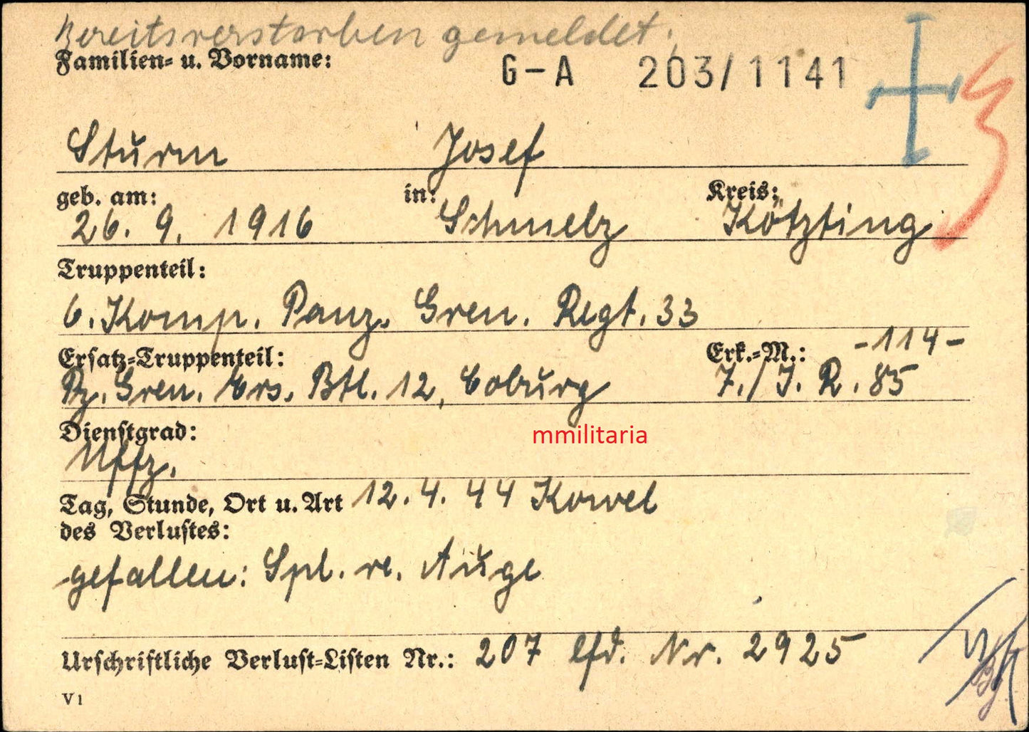 Sterbebild Unteroffizier Schmelz 6. Komp. Panzer Gren. Regt. 33 Kowel Russland - www.mmilitaria.com