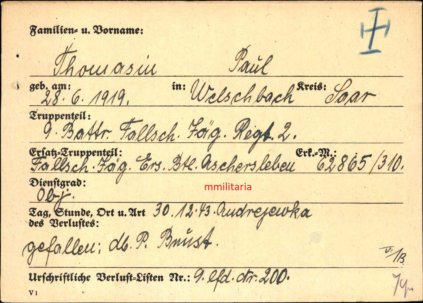 Sterbebild Unteroffizier Welschbach 9. Komp. Fallschirmjäger Regt. 2 Kretaband Nowgorodka Ostfront - www.mmilitaria.com
