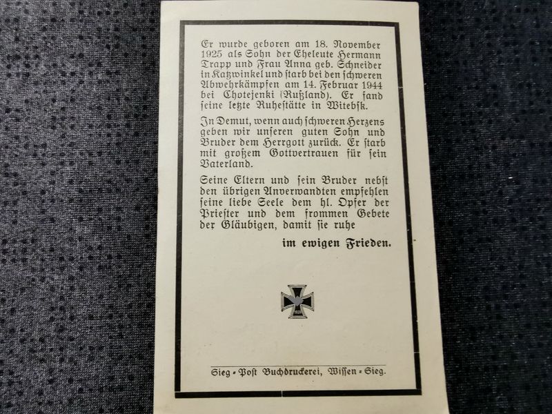 Sterbebild Grenadier Katzwinkel 6. Komp. Regt. Gruppe 181 Chotejenki Russland - www.mmilitaria.com