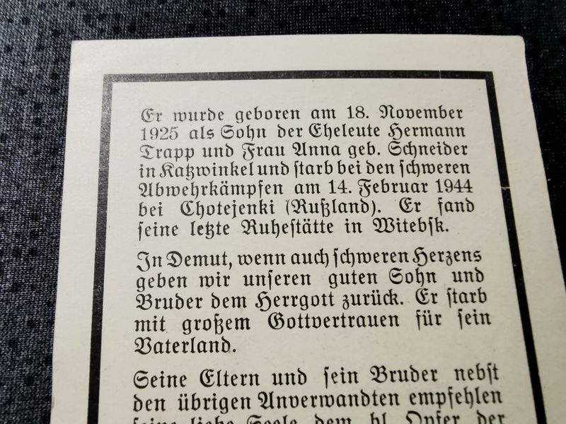 Sterbebild Grenadier Katzwinkel 6. Komp. Regt. Gruppe 181 Chotejenki Russland - www.mmilitaria.com