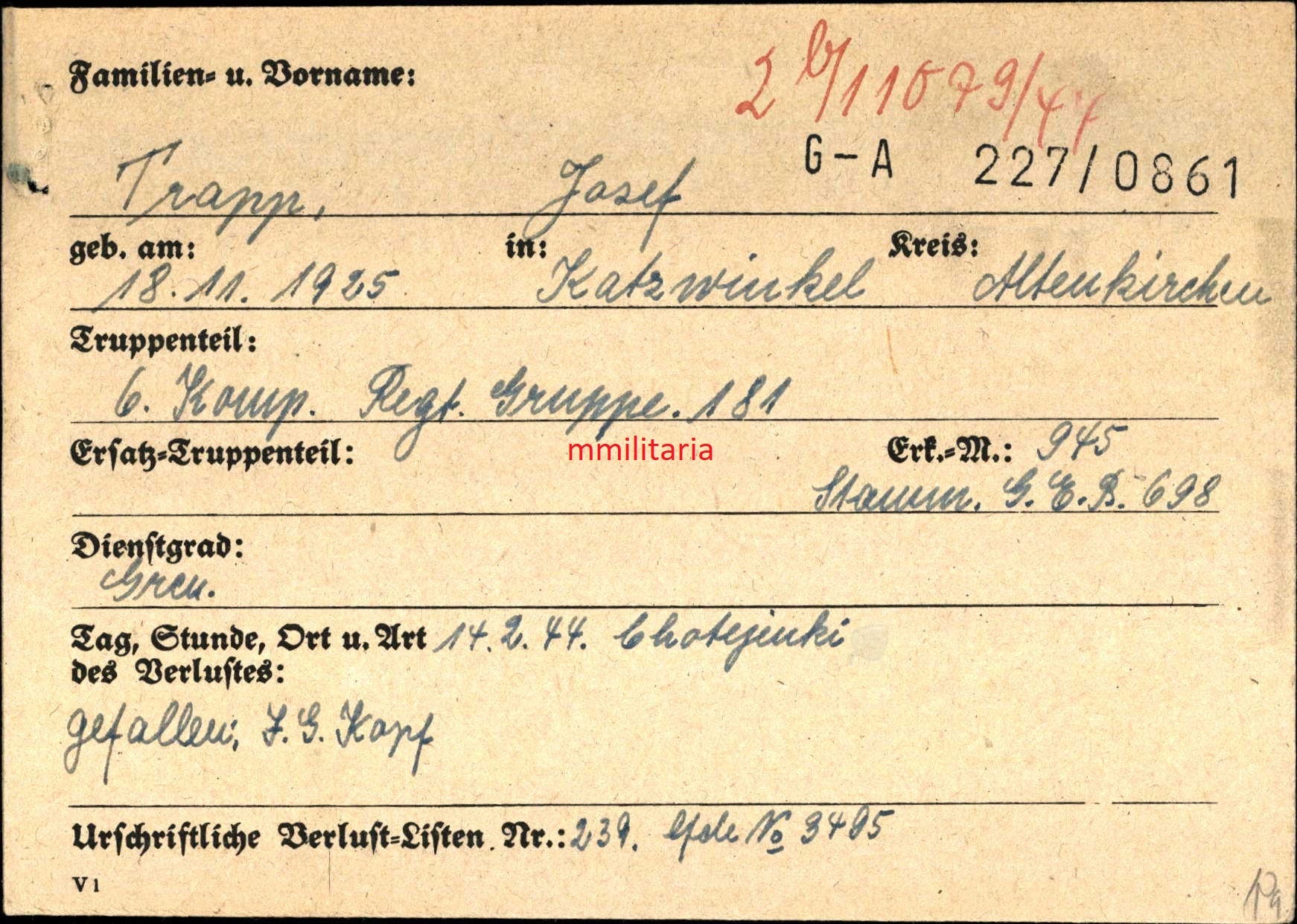 Sterbebild Grenadier Katzwinkel 6. Komp. Regt. Gruppe 181 Chotejenki Russland - www.mmilitaria.com