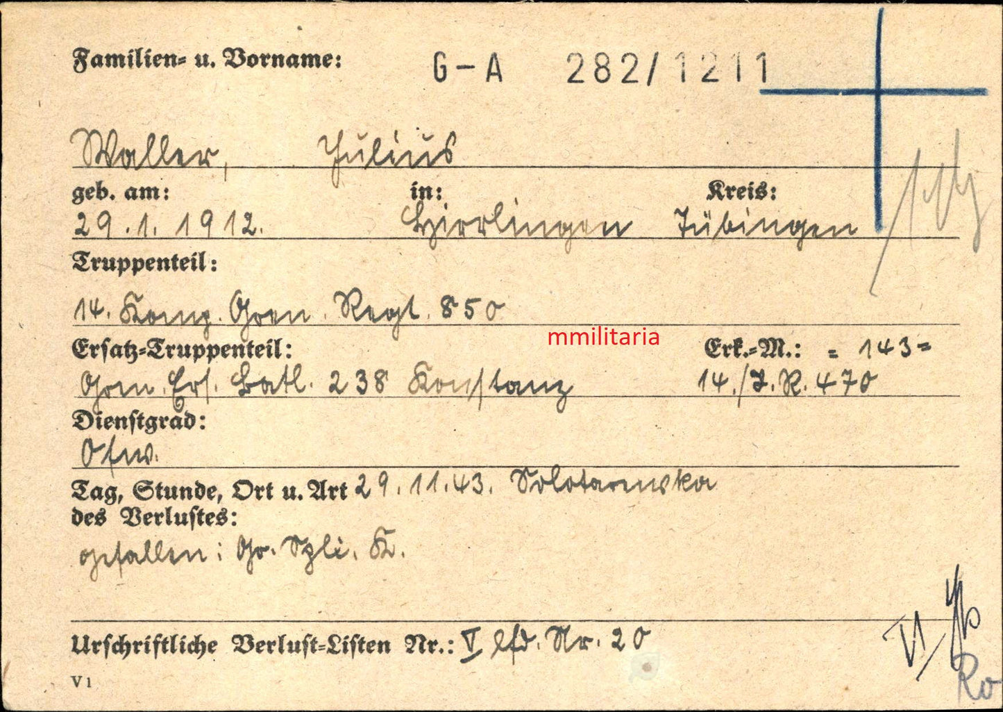 Sterbebild Oberfeldwebel Hirzlingen Panzer 14. Komp. Gren. Regt. 850 Solotarewka Russland - www.mmilitaria.com