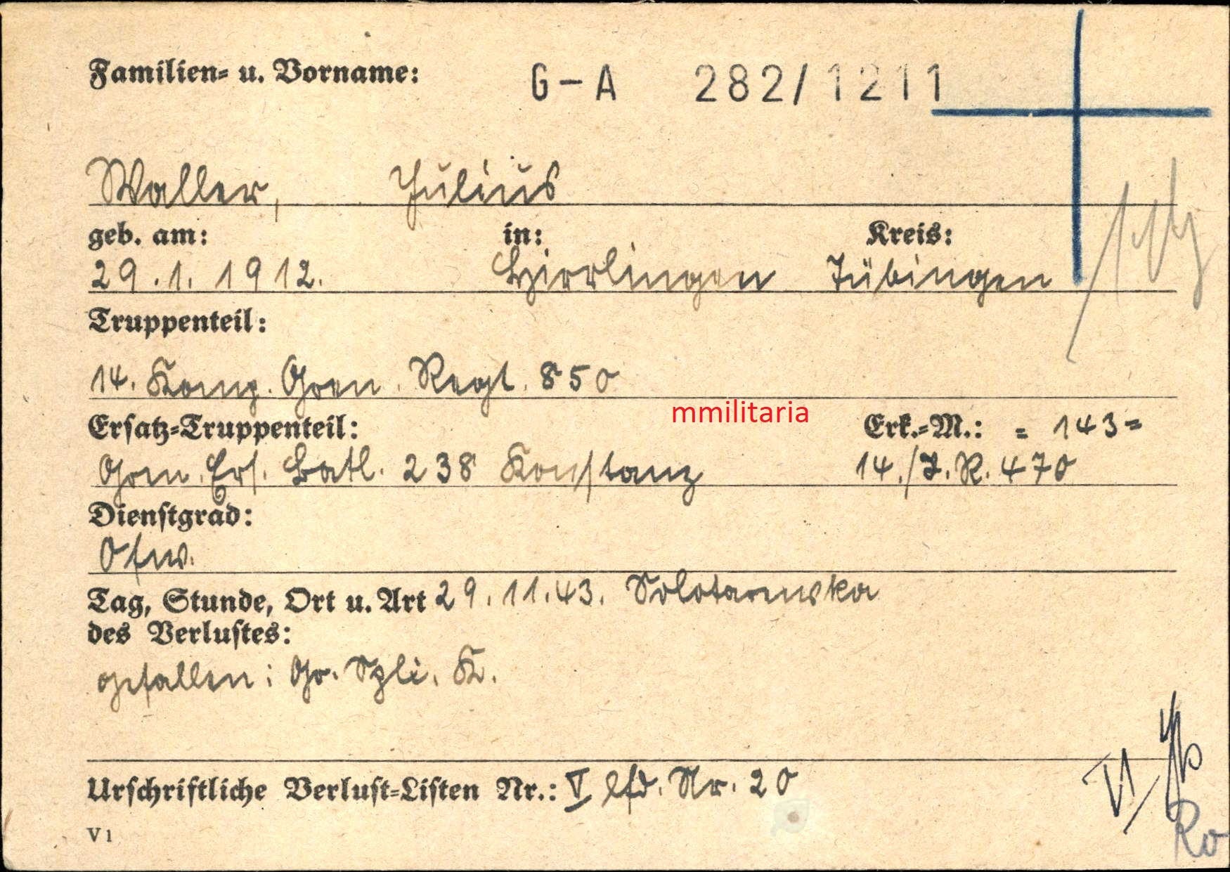 Sterbebild Oberfeldwebel Hirzlingen Panzer 14. Komp. Gren. Regt. 850 Solotarewka Russland - www.mmilitaria.com