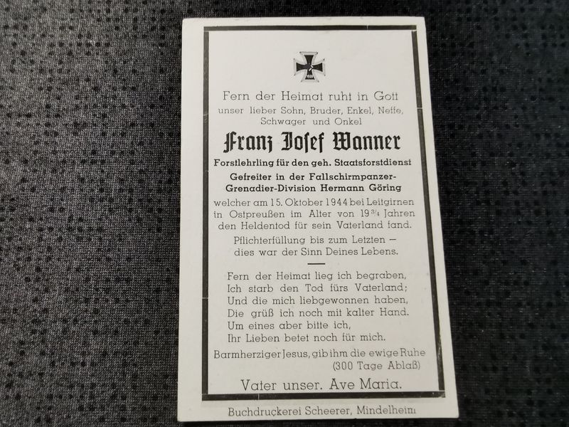 Sterbebild Gefreiter Fallschirm-Panzer Grenadier Division "Hermann Göring" HG Leitgirnen Ostpreußen Polen - www.mmilitaria.com