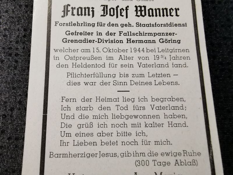 Sterbebild Gefreiter Fallschirm-Panzer Grenadier Division "Hermann Göring" HG Leitgirnen Ostpreußen Polen - www.mmilitaria.com