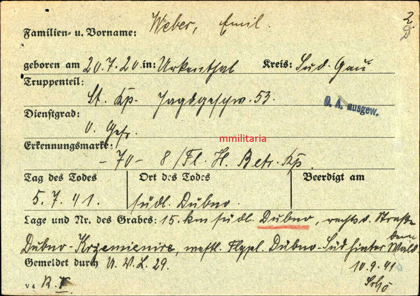 Sterbebild Obergefreiter Luftwaffe Stabs Komp JG/53 Dubno Russland - www.mmilitaria.com