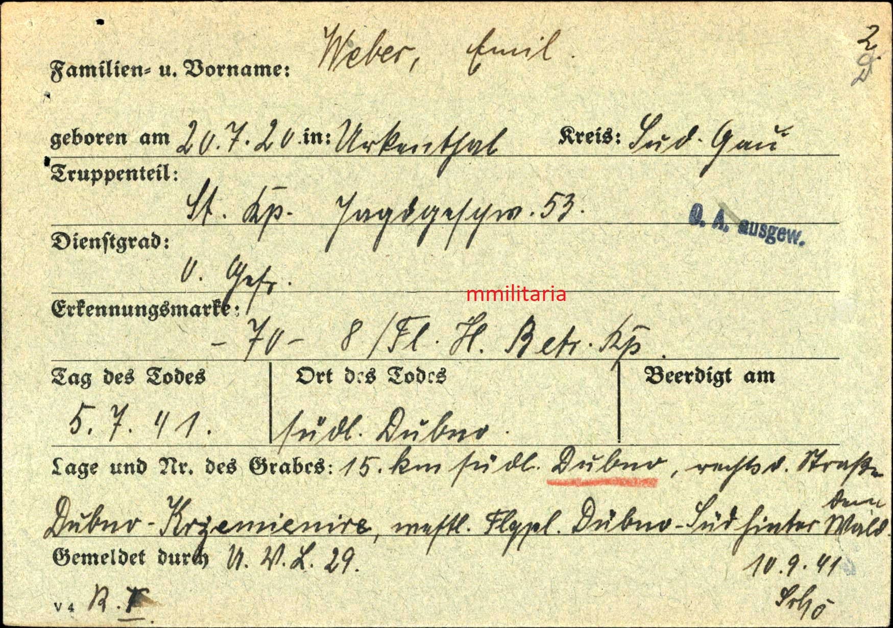Sterbebild Obergefreiter Luftwaffe Stabs Komp JG/53 Dubno Russland - www.mmilitaria.com
