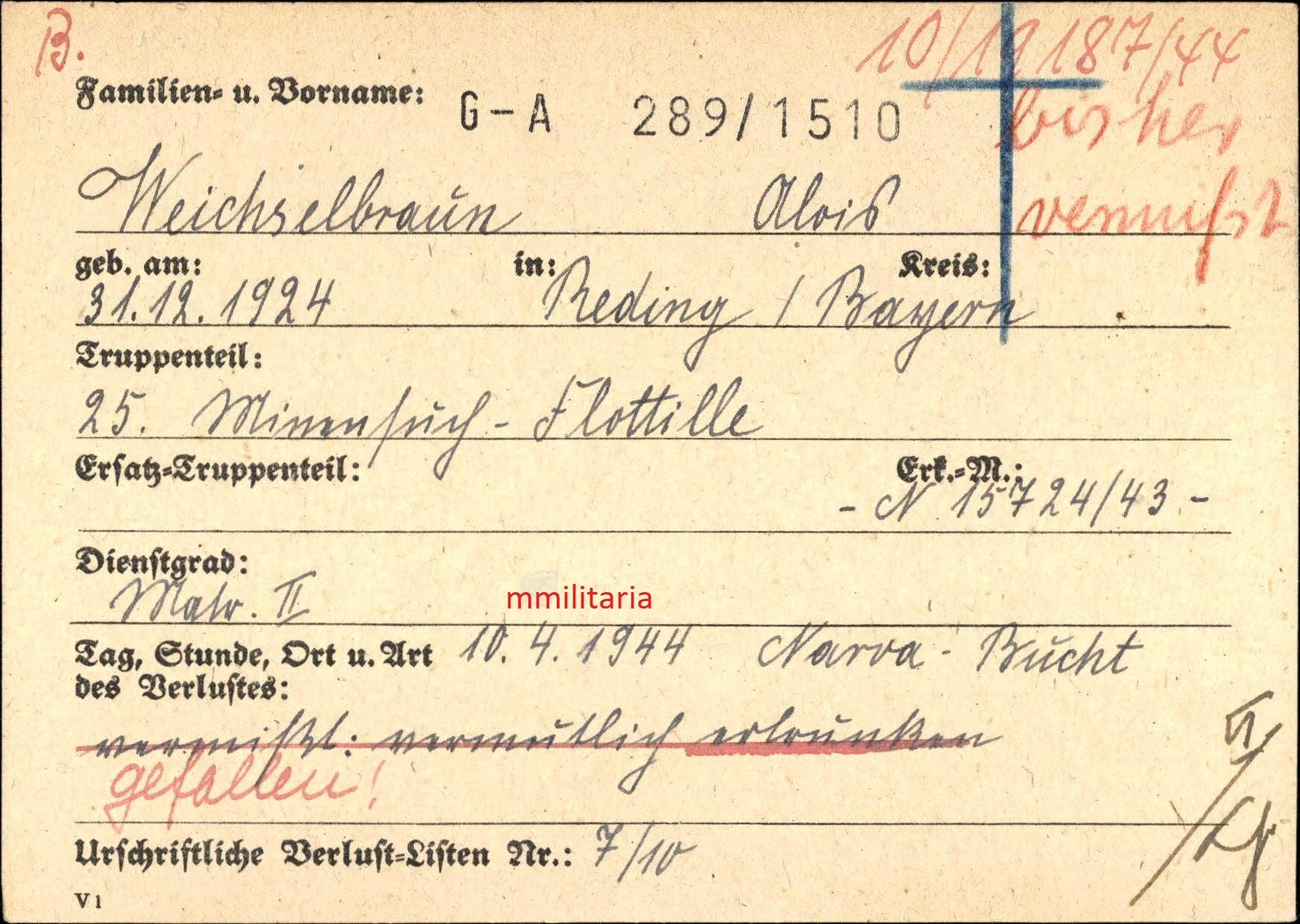 Sterbebild Matrose U-Boot 25. Minensuch-Flottille Narwa-Bucht Estland Ostsee - www.mmilitaria.com