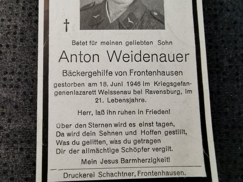 Sterbebild Schütze Frontenhausen Kriegsgefangenenlazarett Weissenau Ravensburg Deutschland - www.mmilitaria.com