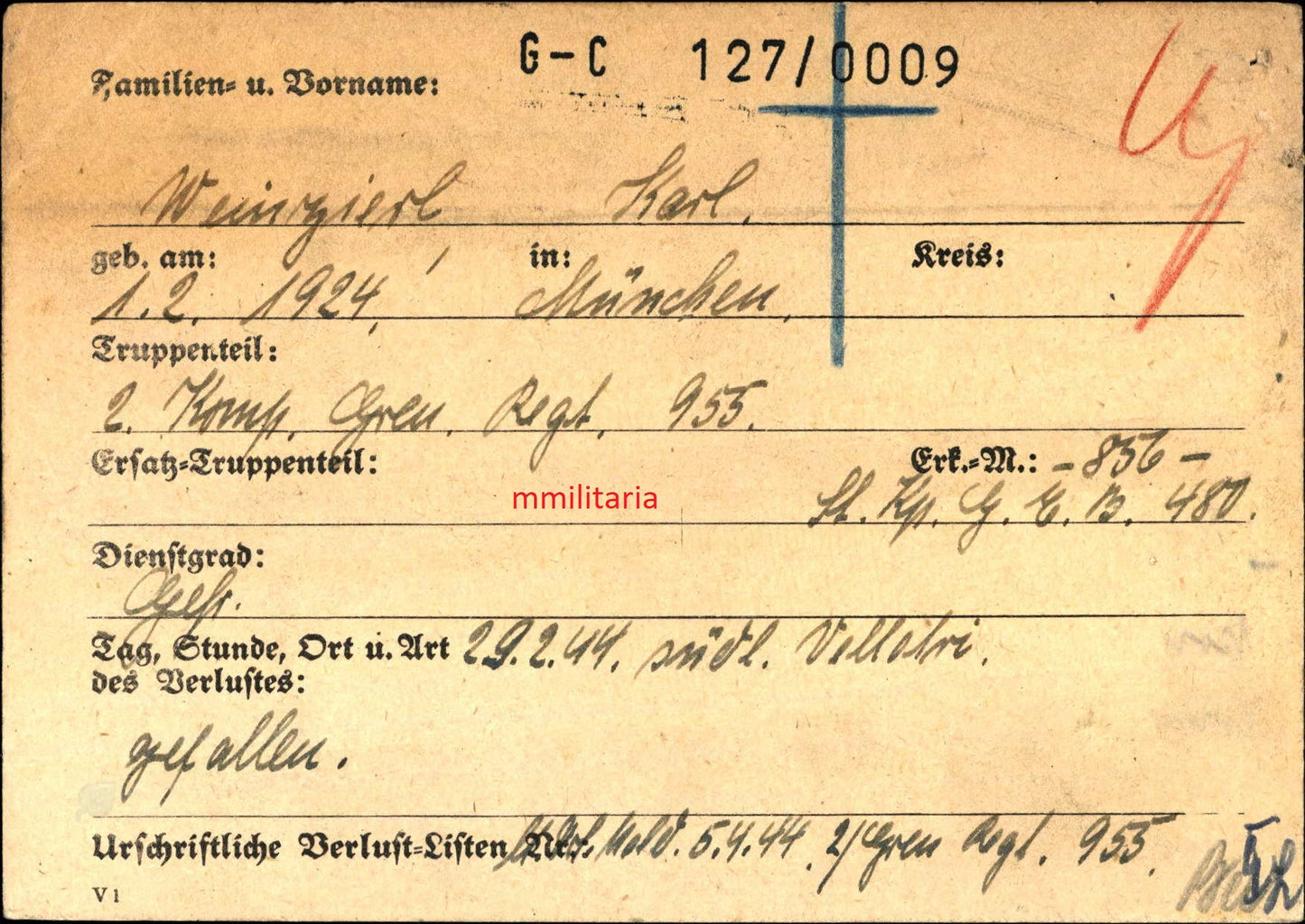 Sterbebild Gefreiter 2. Komp. Gren. Regt. 955 Velletri Nettuno Italien - www.mmilitaria.com