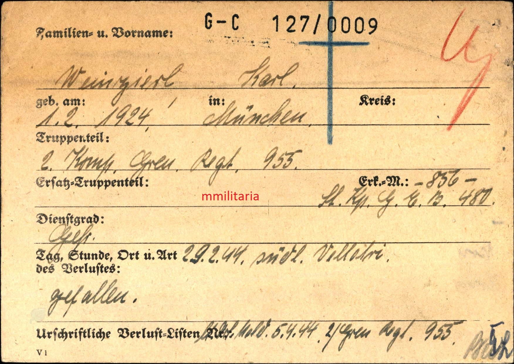 Sterbebild Gefreiter 2. Komp. Gren. Regt. 955 Velletri Nettuno Italien - www.mmilitaria.com
