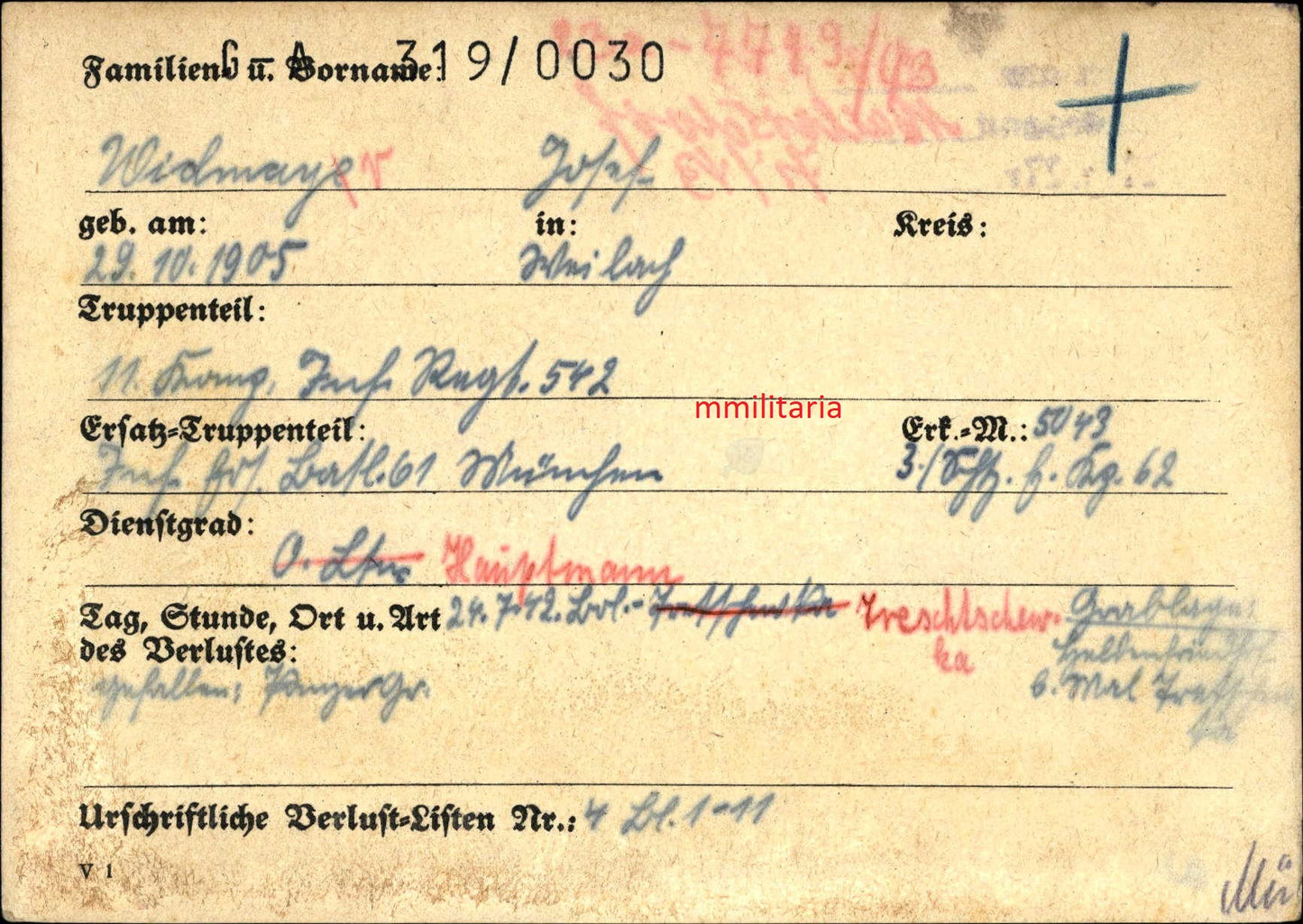 Sterbebild Oberleutnant Kompaniechef 11. Komp. Inf. Regt. 542 Treudienst Ehrenabzeichen Treschewka Russland - www.mmilitaria.com