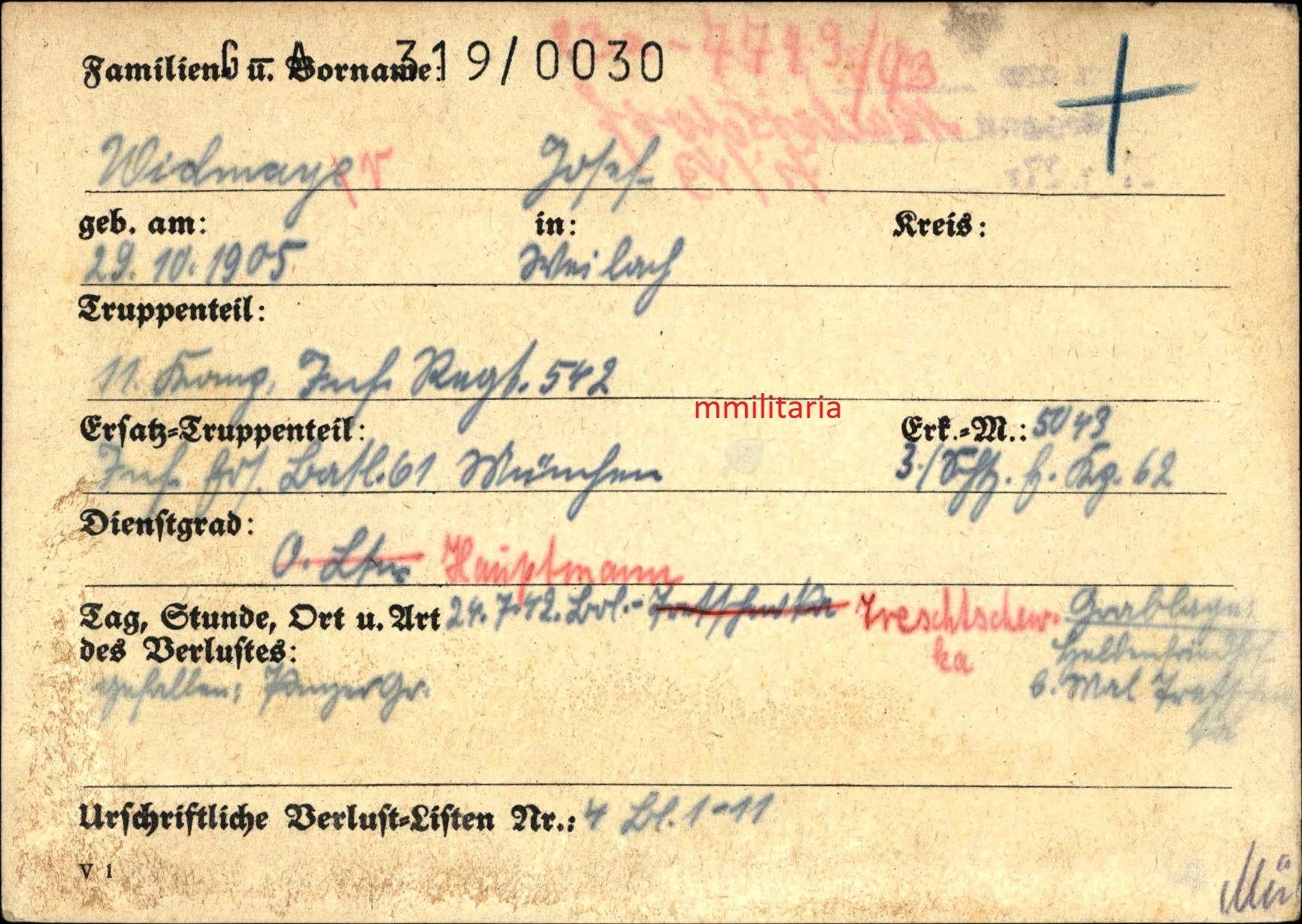 Sterbebild Oberleutnant Kompaniechef 11. Komp. Inf. Regt. 542 Treudienst Ehrenabzeichen Treschewka Russland - www.mmilitaria.com