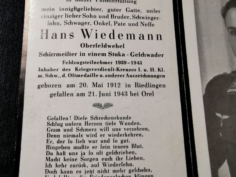 Sterbebild Oberfeldwebel Stuka Geschwader viele Auszeichnungen Orel Russland - www.mmilitaria.com