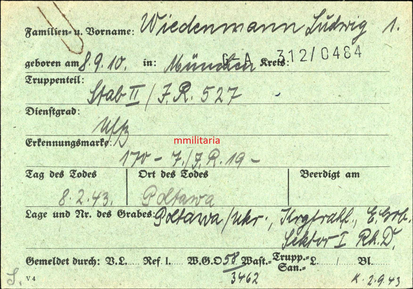 Sterbebild Unteroffizier & Rechnungsführer Stab Inf. Regt. 527 Grenadierbataillons Poltava Charkow Ukraine - www.mmilitaria.com