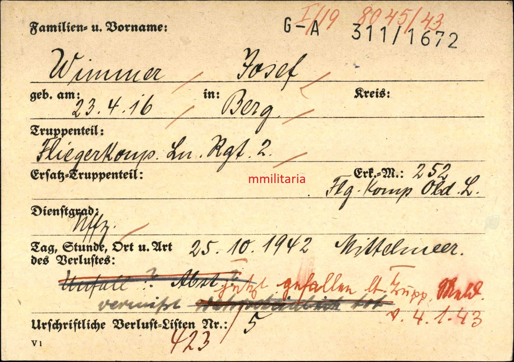 Sterbebild Unteroffizier Fliegerkompanie LN Regt. 2 Fliegerschützen Abz. Flugspange in Bronze Afrika - www.mmilitaria.com