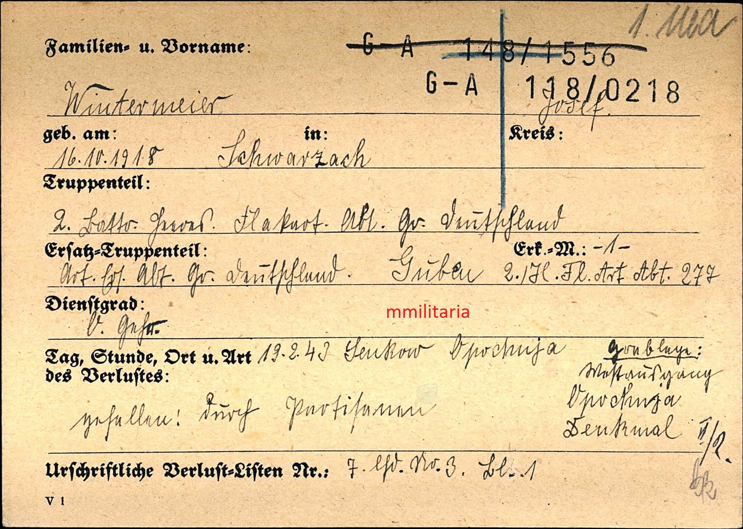 Sterbebild Obergefreiter Schwarzach 2. Batterie Heeres Flak-Art. Abt Divison "Großdeutschland" GD Oposchnja Ukraine - www.mmilitaria.com