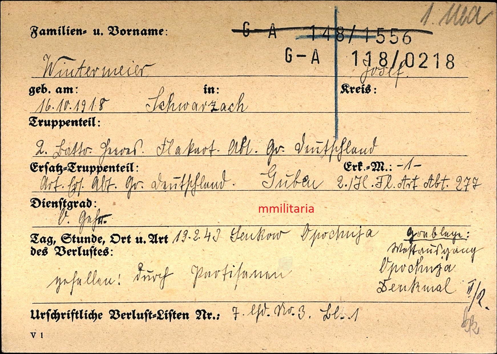 Sterbebild Obergefreiter Schwarzach 2. Batterie Heeres Flak-Art. Abt Divison "Großdeutschland" GD Oposchnja Ukraine - www.mmilitaria.com