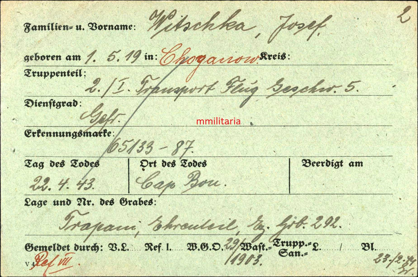 Sterbebild Obergefreiter Lappersdorf 2. Transport Flug-Geschwader 5 Frontflugspanne Cap Bon Afrika Italien - www.mmilitaria.com