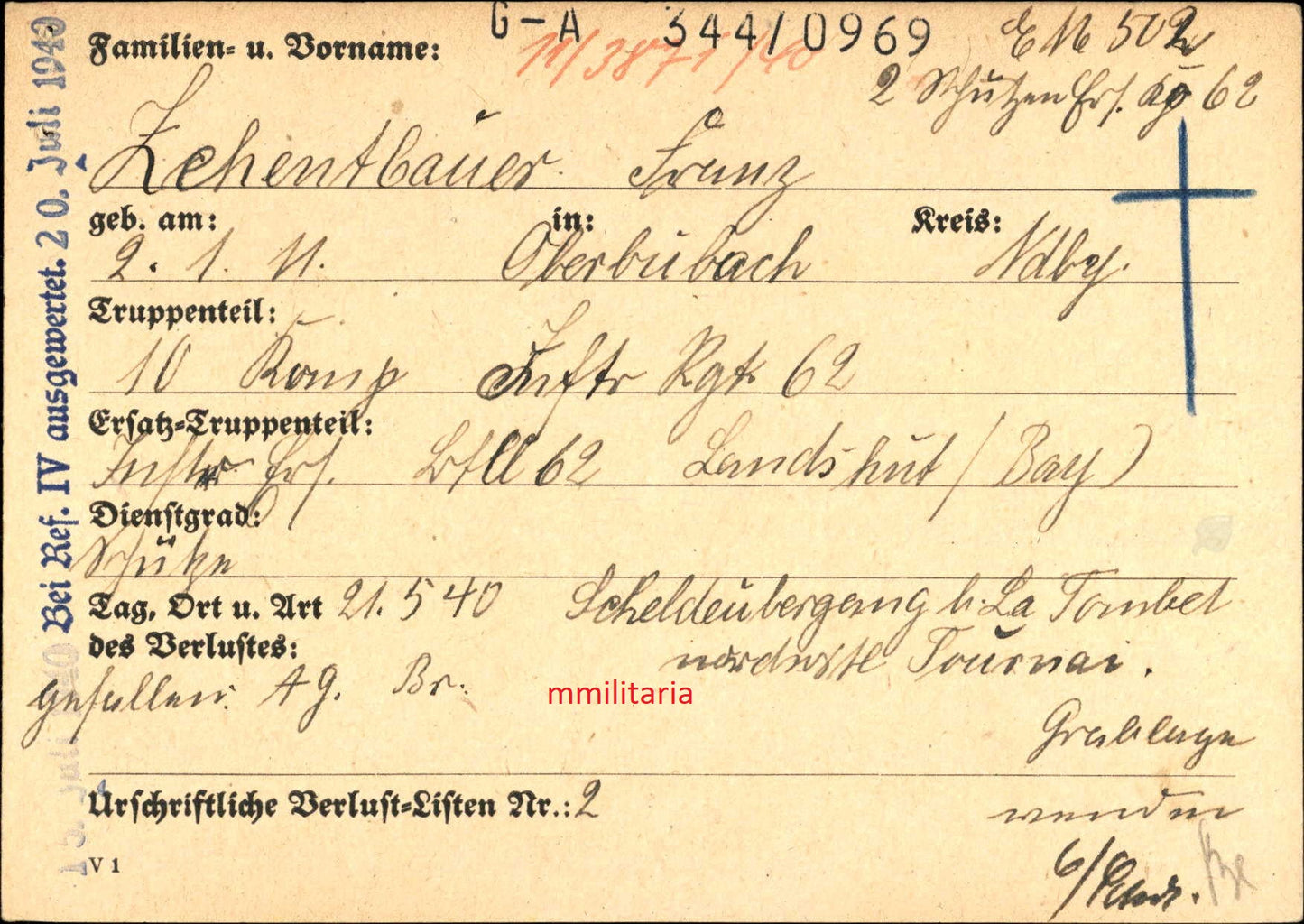 Sterbebild Schütze 10. Komp. Inf. Regt. 62 Scheldemündung Tournai Lommel Belgien - www.mmilitaria.com