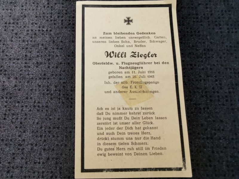 Sterbebild Oberfeldwebel 5. Staffel Nacht Jagd Geschwader 3 5/NJG-3 Bf 110 Dammholm / Holstein Deutschland - www.mmilitaria.com