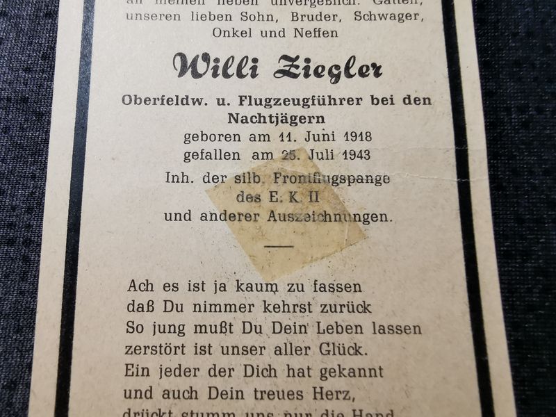 Sterbebild Oberfeldwebel 5. Staffel Nacht Jagd Geschwader 3 5/NJG-3 Bf 110 Dammholm / Holstein Deutschland - www.mmilitaria.com