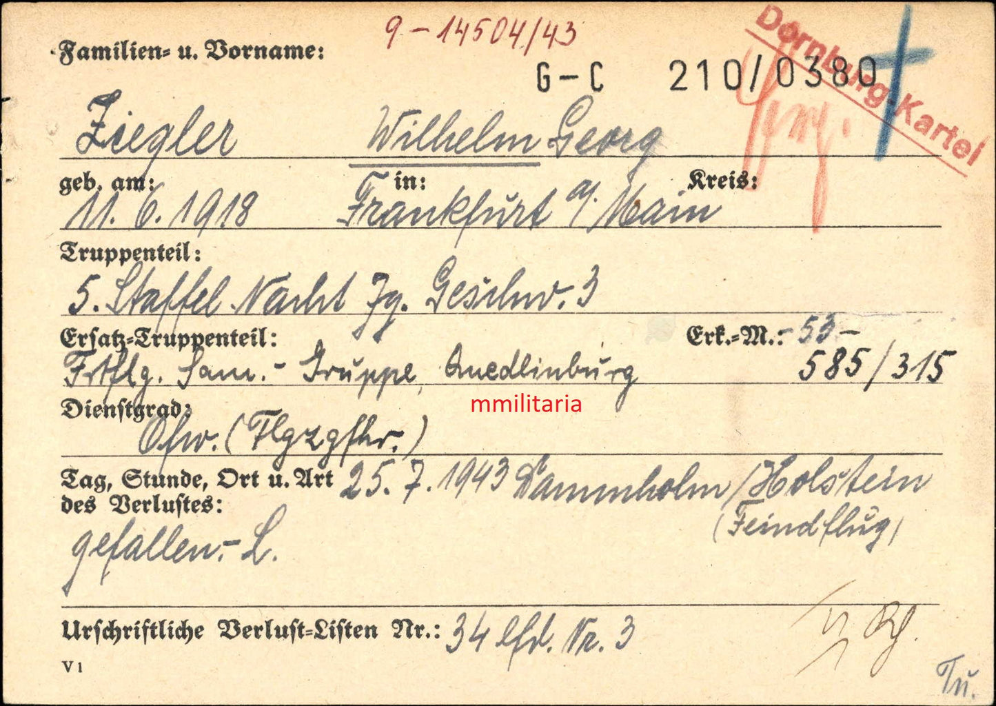 Sterbebild Oberfeldwebel 5. Staffel Nacht Jagd Geschwader 3 5/NJG-3 Bf 110 Dammholm / Holstein Deutschland - www.mmilitaria.com