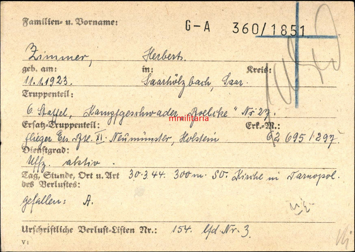 Sterbebild Unteroffizier Saarhölzbach Bordfunker 6. Staffel Kampfgeschwader 27 "Boelke" EK I&II FFS Tarnopol Russland - www.mmilitaria.com