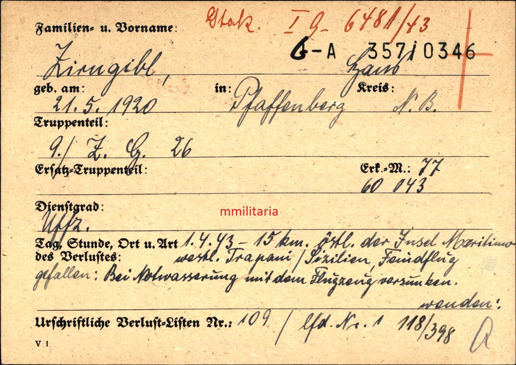 Sterbebild Unteroffizier Pfaffenberg Bordfunker 9. Jagdgeschwader 26 9/JG-26 FFS Traponi Sizilien Italien Afrika - www.mmilitaria.com