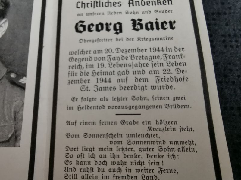 Sterbebild Obergefreiter Uttendorf Kriegsmarine Fay des Bretagne Normandie Marigny Frankreich - www.mmilitaria.com