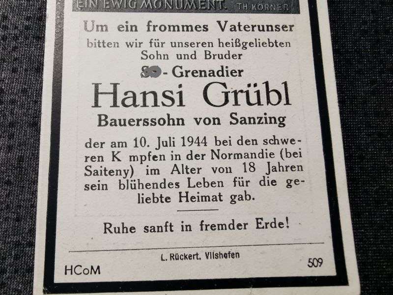 Sterbebild SS-Grenadier 18 Jahre Saiteny Invasionsfront Normandie Frankreich - www.mmilitaria.com