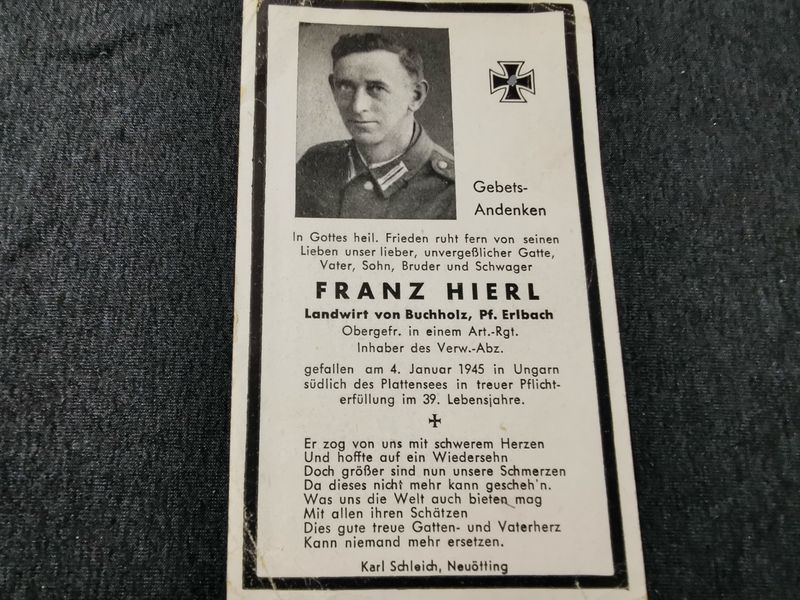 Sterbebild Obergefreiter Artillerie Regt. Endkampf Plattensee Gattanya Böhönye - www.mmilitaria.com