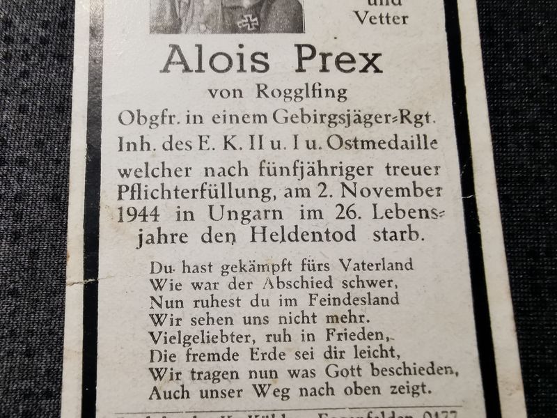 Sterbebild Obergefreiter Gebirgsjäger Regt. EK II Cigand Budaörs Ungarn - www.mmilitaria.com