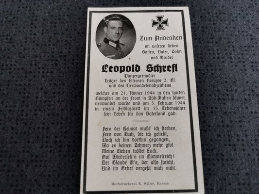 Sterbebild Panzergrenadier 3. Gren. Regt. 15 (Mot) Südfront Cassino Italien - www.mmilitaria.com