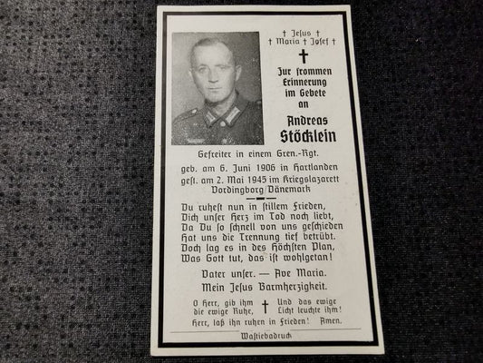 Sterbebild Gefreiter Grenadier Regt. Endkampf Vordingborg Dänemark - www.mmilitaria.com