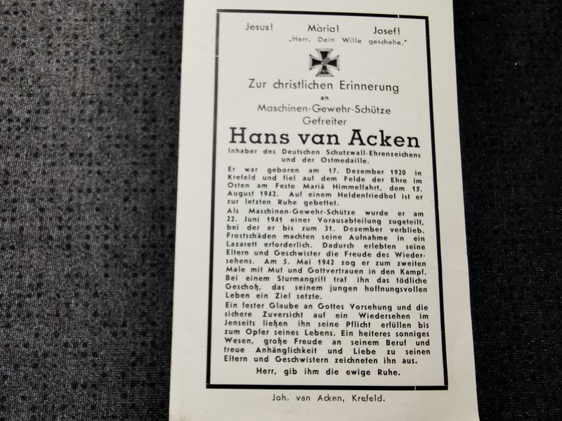 Sterbebild Gefreiter Krefeld Maschinen Gewehr-Schütze Dt. Schutzwall-Ehrenzeichen Sturmangriff Osten - www.mmilitaria.com