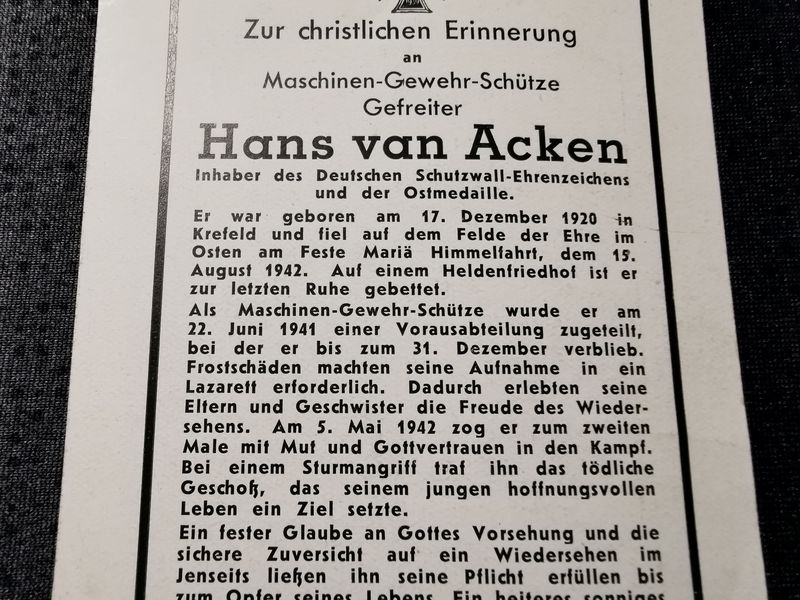 Sterbebild Gefreiter Krefeld Maschinen Gewehr-Schütze Dt. Schutzwall-Ehrenzeichen Sturmangriff Osten - www.mmilitaria.com