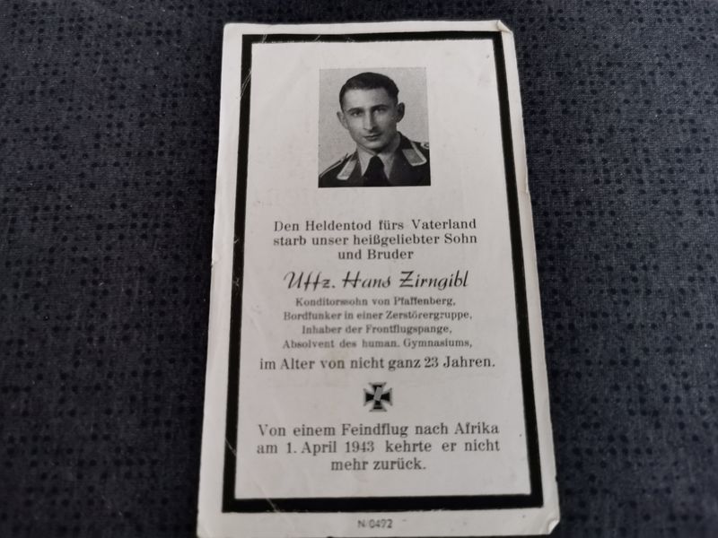 Sterbebild Unteroffizier Pfaffenberg Bordfunker 9. Jagdgeschwader 26 9/JG-26 FFS Traponi Sizilien Italien Afrika - www.mmilitaria.com